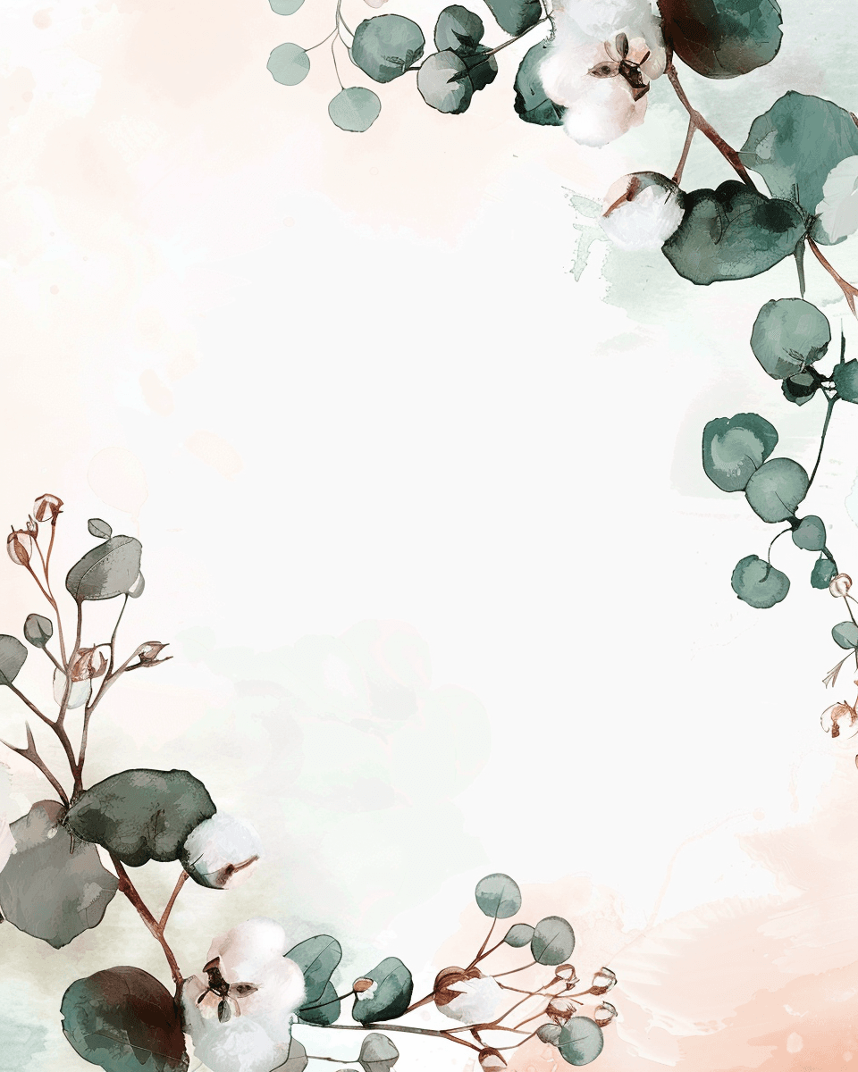 Fond de faire-part aquarelle aux feuilles d'eucalyptus et fleurs de coton